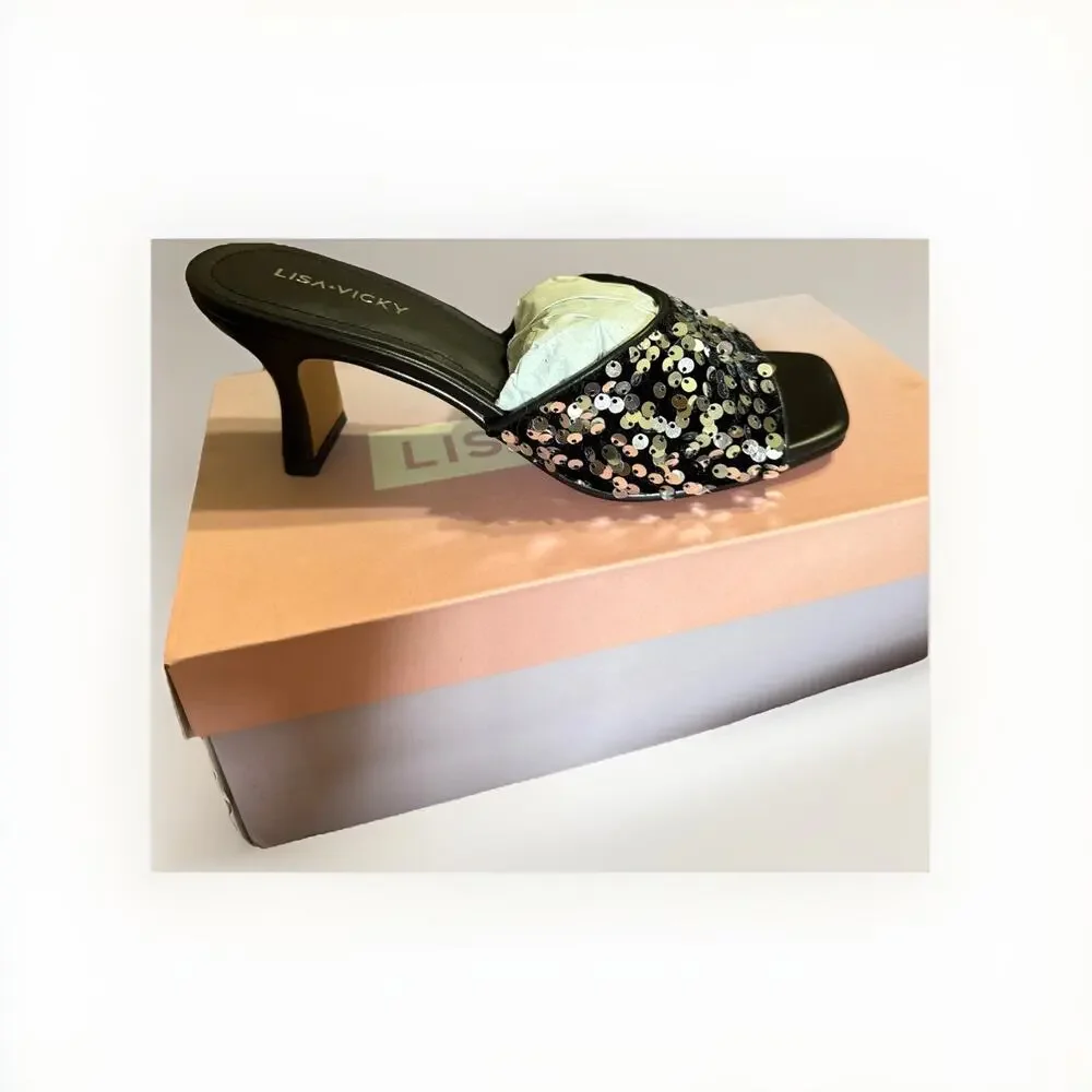 Lisa Vicky Pretty-V Black Slide Sandal Platinum Black Sequins Size 7 Heels - Picture 4 of 9